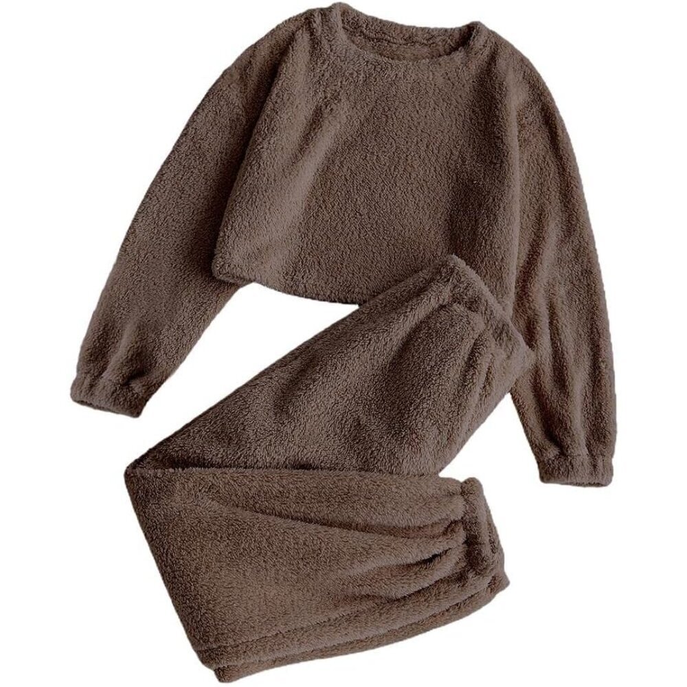 Women's Fuzzy Lounge Pajamas Set Long Sleeve Fleece Sleepwear Casual